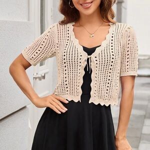 Cream Crochet Cardigan Tie Front Sweater Shrug (XXL)